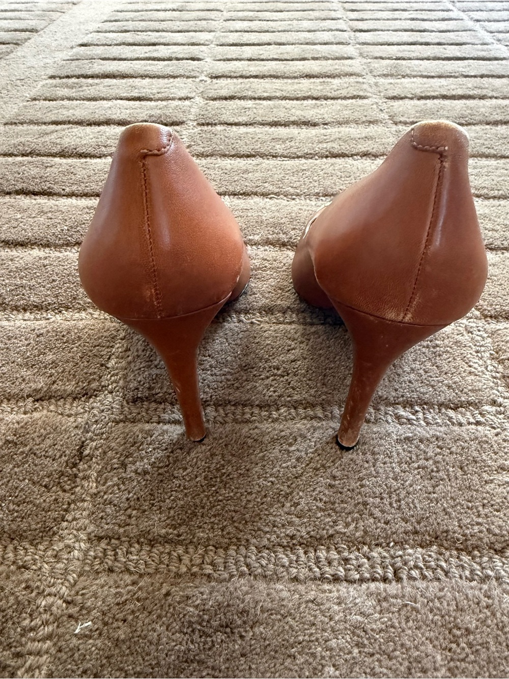 Coach Brown Leather Pumps with Black Cap Toe and Gold Accent - Picture 6 of 8